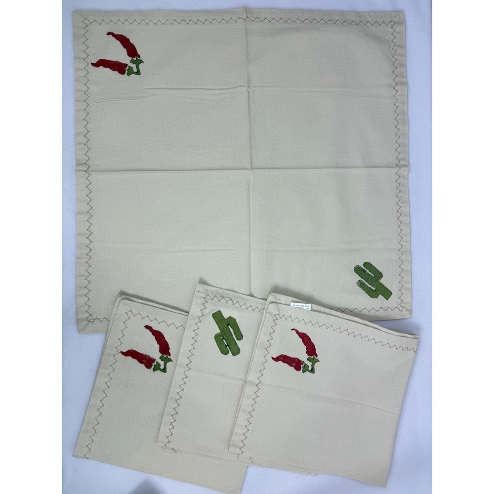 4 Piece Hand Painted Cotton Napkin Set Chili Cactus Southwest Kitchen‎ Decor - Picture 2 of 6
